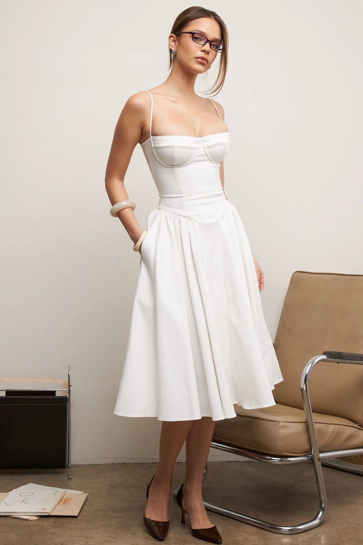 Samaria White Corset Midi Dress