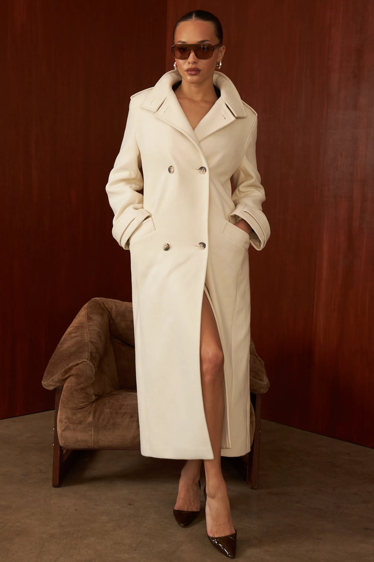 Sander Cream Double Breasted Funnel Neck Coat