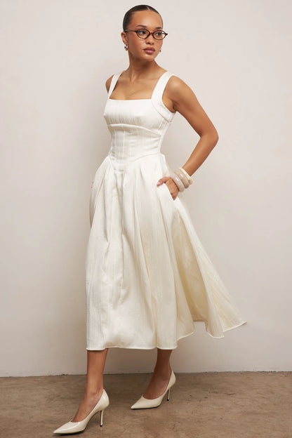 Isabeau Ivory Textured Satin Corset Midi Dress