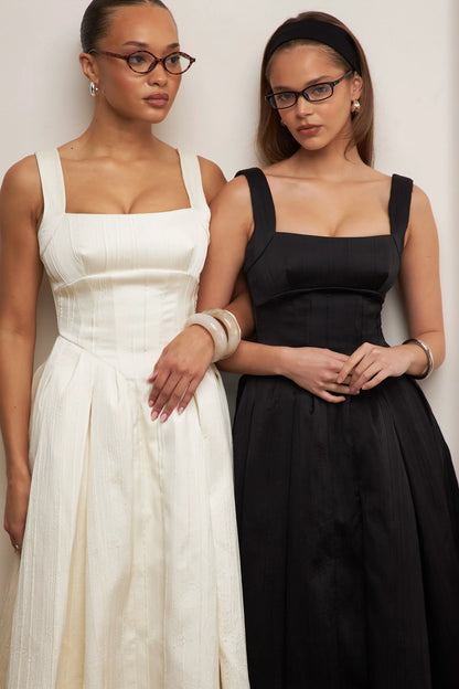 Isabeau Black Textured Satin Corset Midi Dress