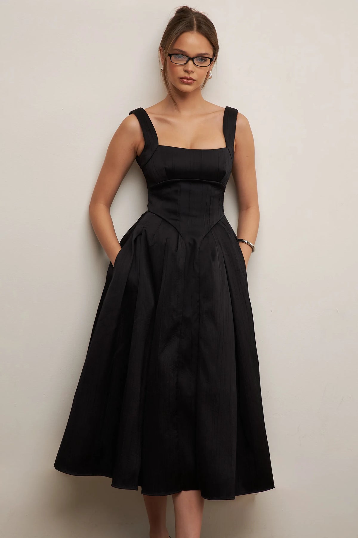 Isabeau Black Textured Satin Corset Midi Dress