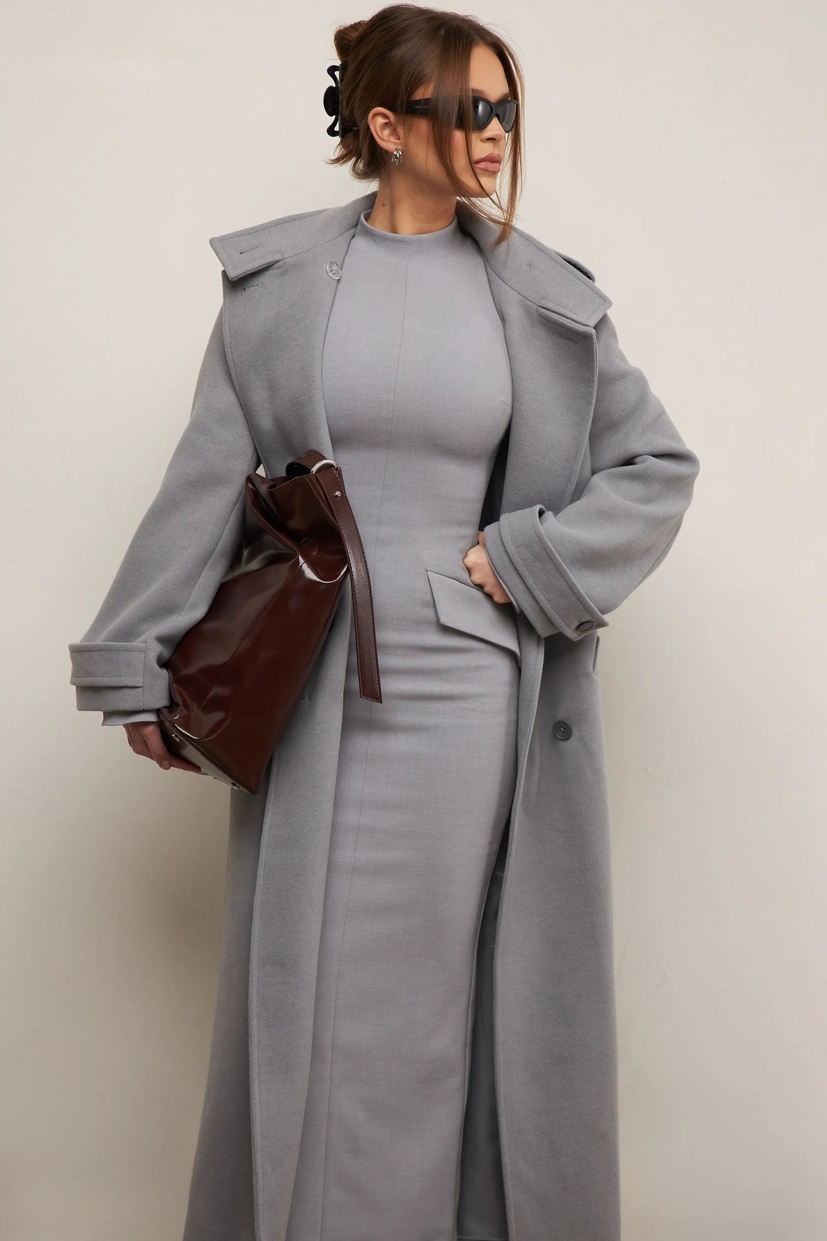 Sander Grey Double Breasted Funnel Neck Coat