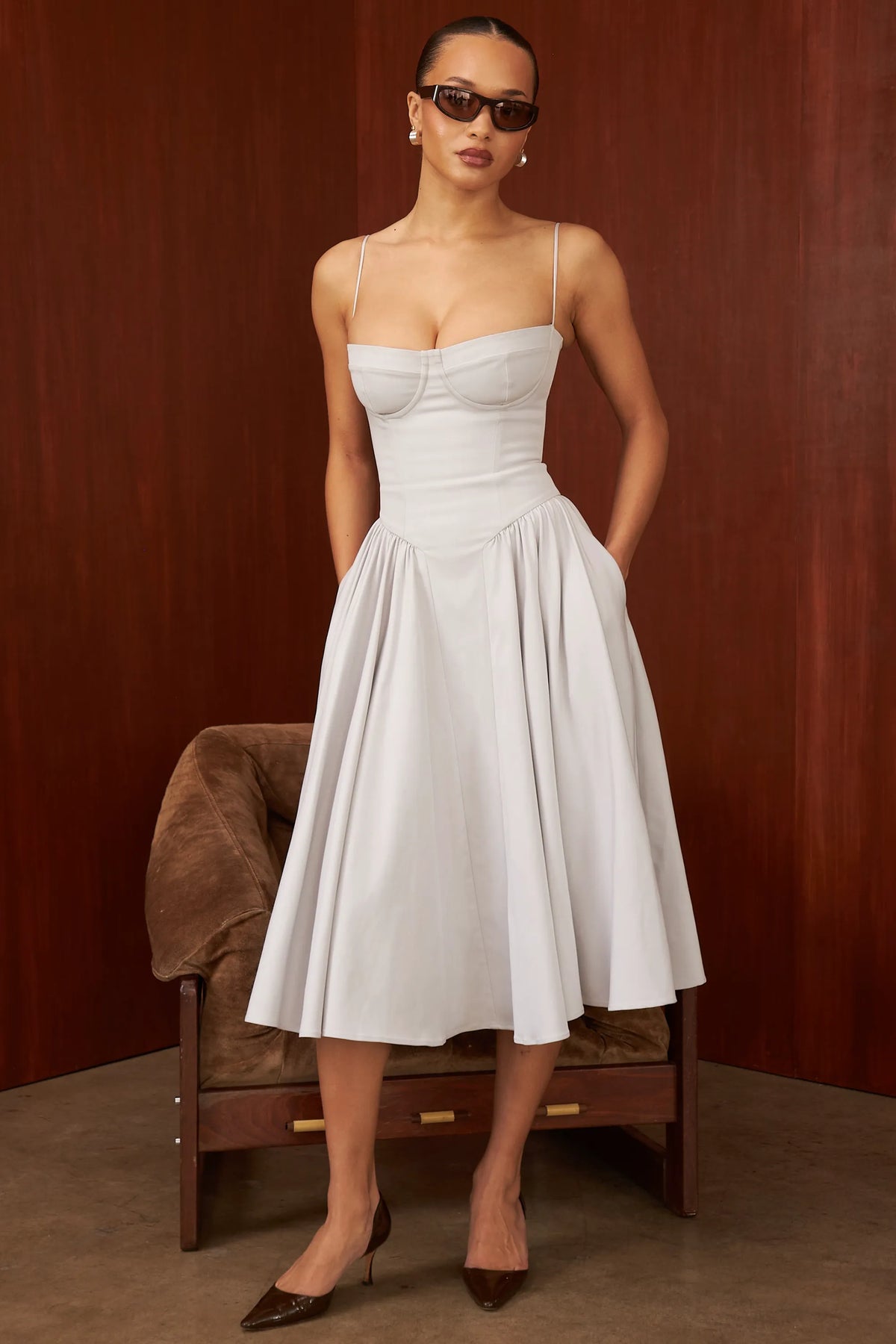 Samaria Dove Grey Corset Midi Dress