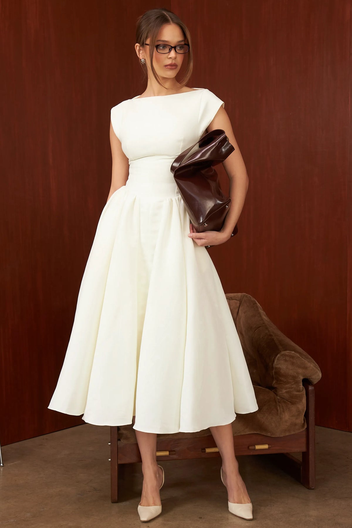 Debutante Ivory Moire Satin Midi Dress