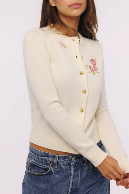 Daisie Ivory Wool + Cashmere Floral Embroidered Cardigan