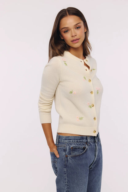Poppie Cream Wool + Cashmere Pink Floral Embroidered Cardigan