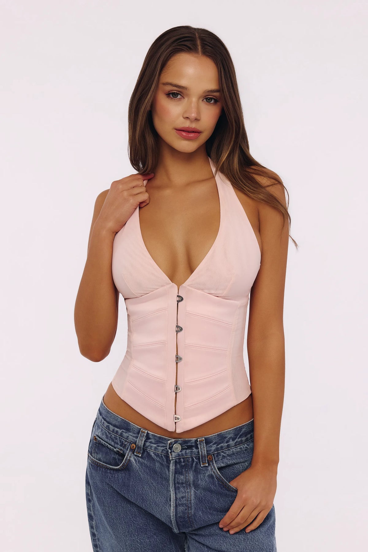 Lia Pink Satin Halter Neck Corset Top