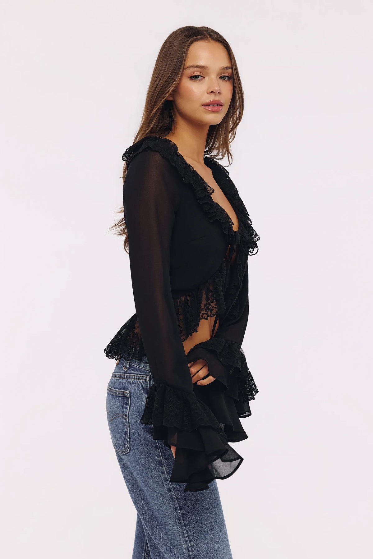 Goya Black Ruffled Sleeve Blouse