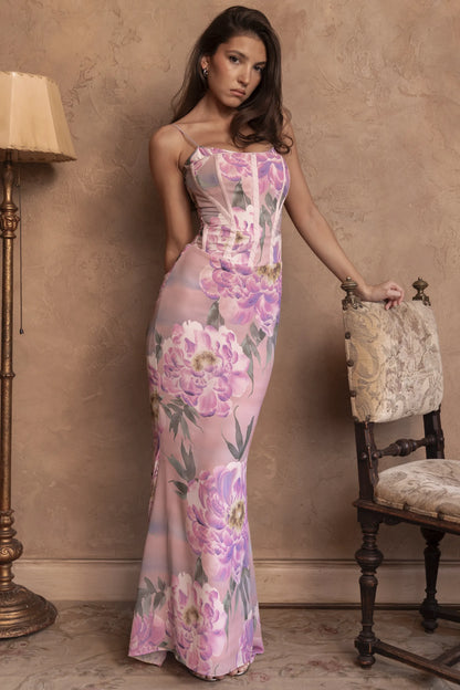 Antonina Pink Floral Corset Maxi Dress