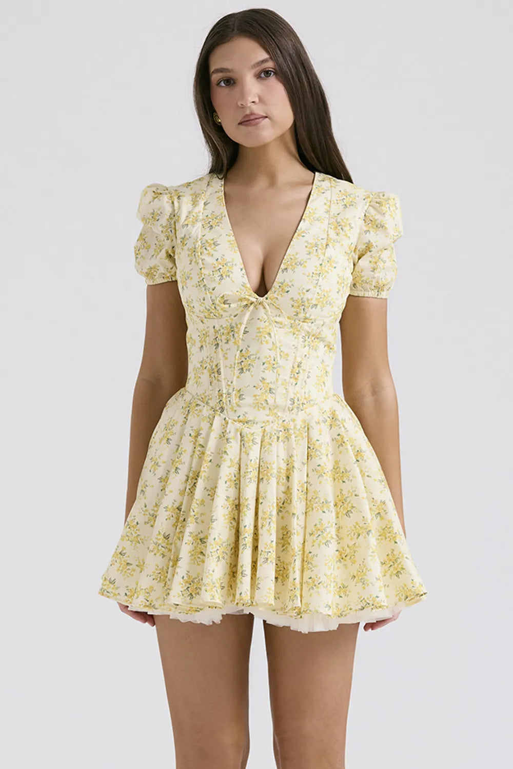 Imani Buttercup Vintage Floral Print Pleated Cotton Mini Dress