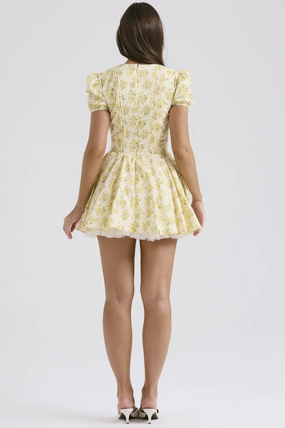 Imani Buttercup Vintage Floral Print Pleated Cotton Mini Dress