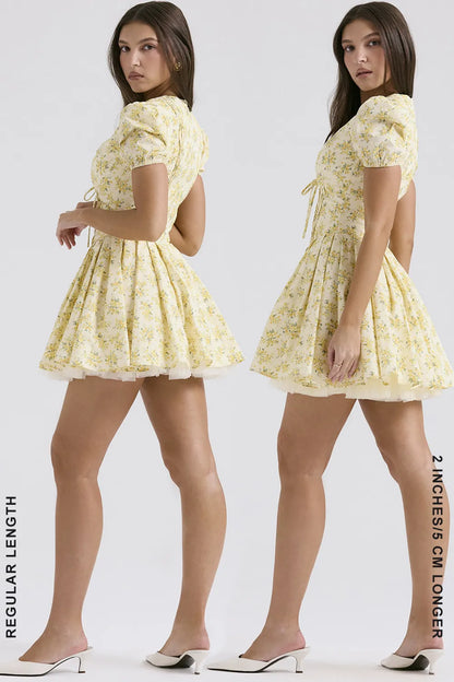 Imani Buttercup Vintage Floral Print Pleated Cotton Mini Dress