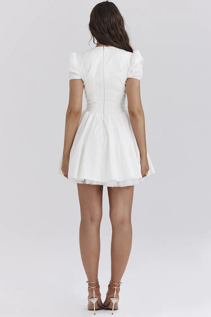 Imani White Pleated Cotton Mini Dress
