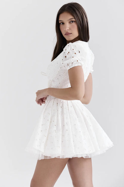 Imani White Pleated Broderie Anglais Mini Dress