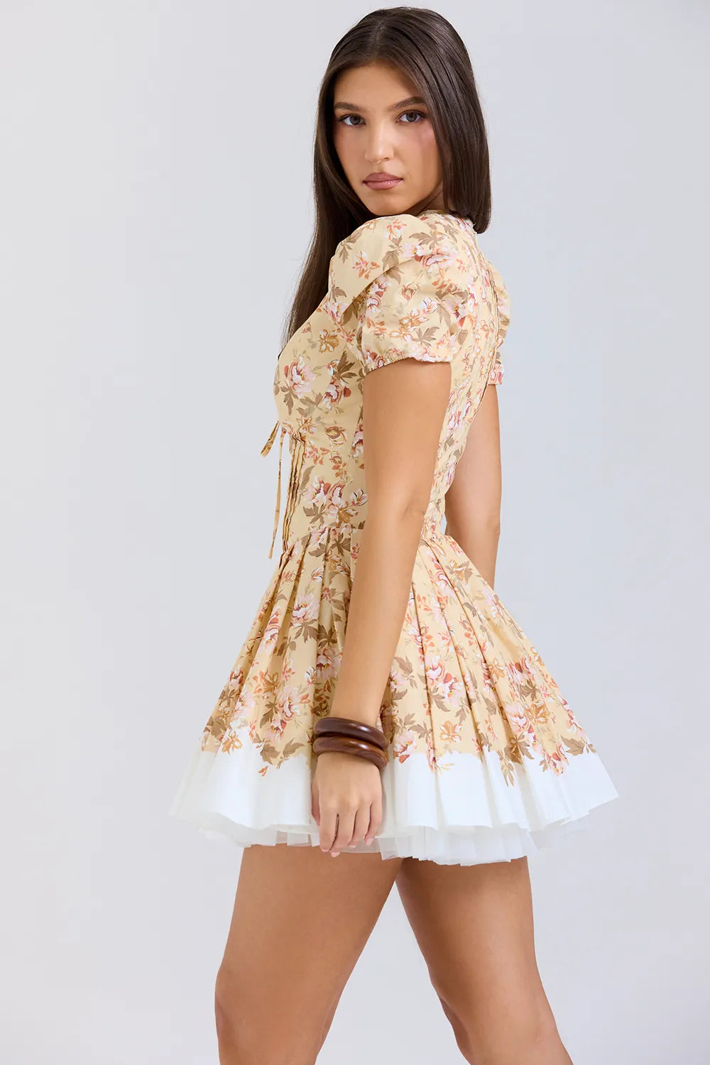 Imani Honeyflower Print Pleated Cotton Mini Dress