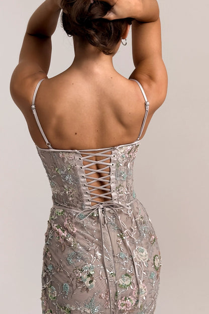 Naima Silver Embellished Beaded Corset Maxi Dress