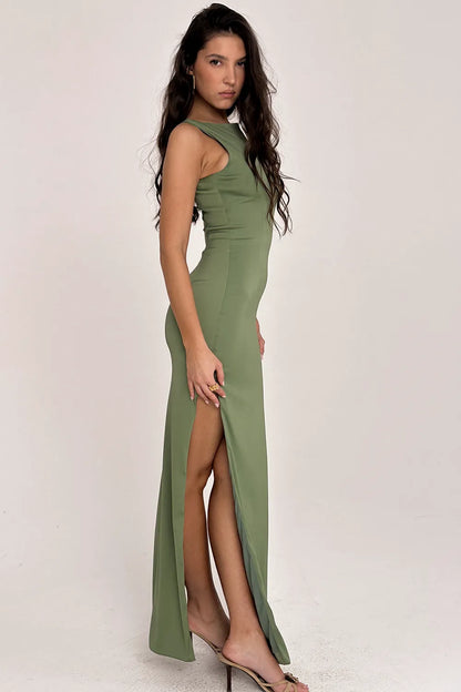 Filomena Olive Boat Neck Maxi Dress