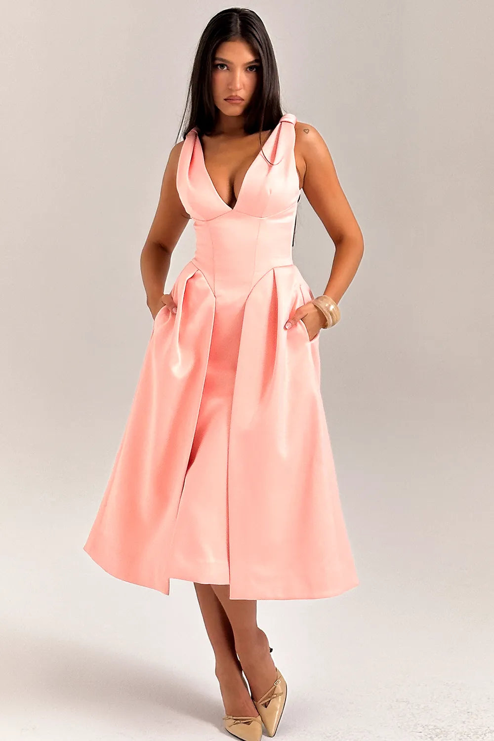 Paloma Peach Satin Pleated Midi Dress