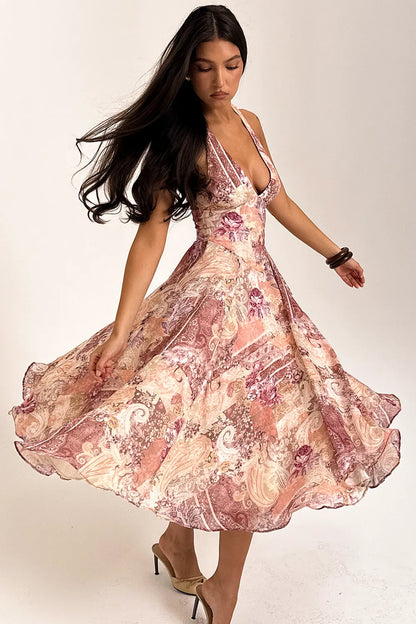Solada Paisley Patchwork Print Georgette Halter Sundress