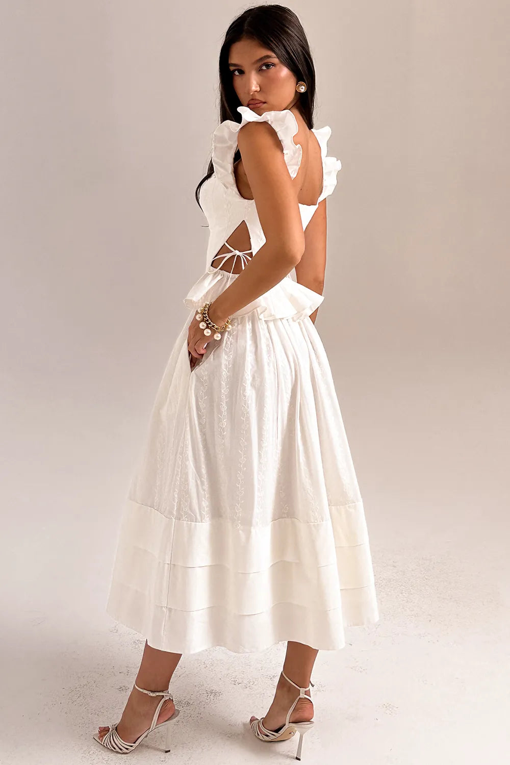 Augustine White Embroidered Cotton Midi Skirt