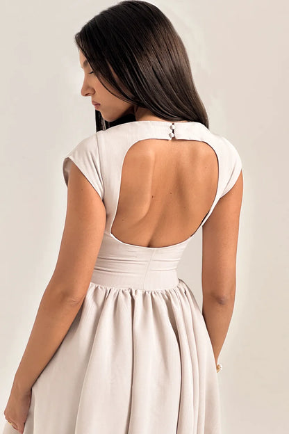Debutante French Dove Moire Satin Backless Midi Dress