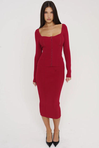 Eliane Red Bodycon Midi Skirt