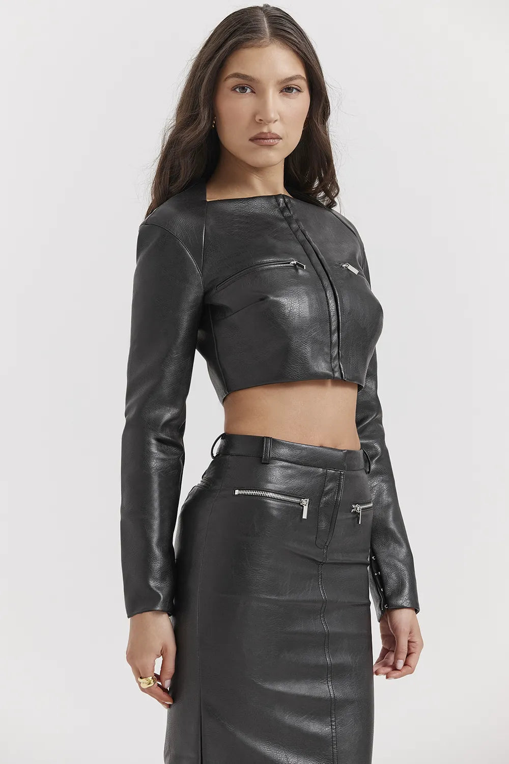 Ione Black Vegan Leather Cropped Top