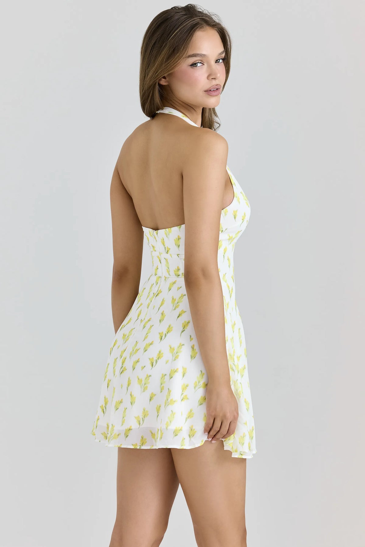 Iris Lemon Floral Print Georgette Halter Neck Mini Dress