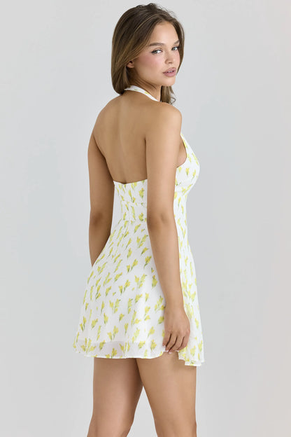 Iris Lemon Floral Print Georgette Halter Neck Mini Dress