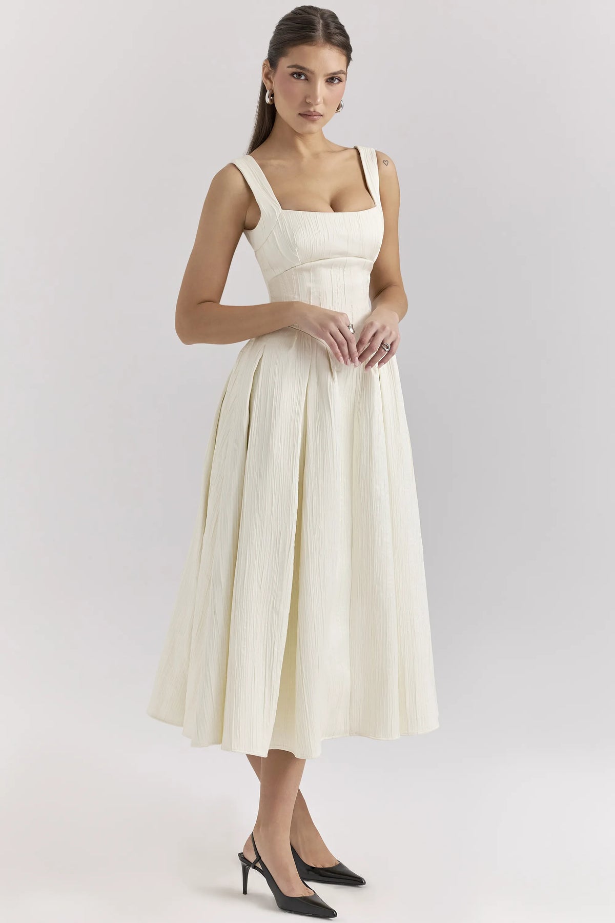 Isabeau Ivory Textured Satin Corset Midi Dress