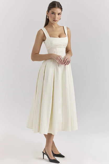 Isabeau Ivory Textured Satin Corset Midi Dress