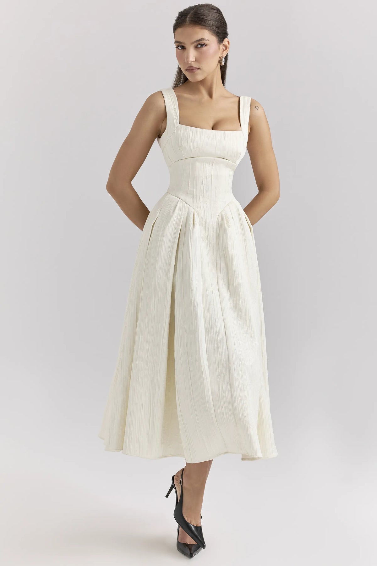 Isabeau Ivory Textured Satin Corset Midi Dress