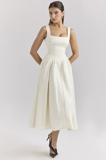 Isabeau Ivory Textured Satin Corset Midi Dress