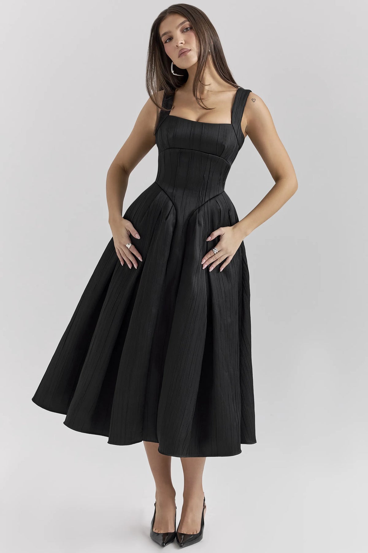Isabeau Black Textured Satin Corset Midi Dress