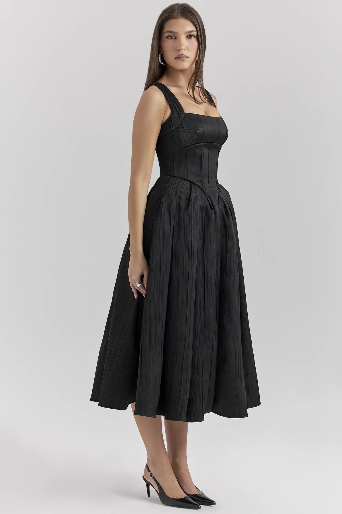 Isabeau Black Textured Satin Corset Midi Dress