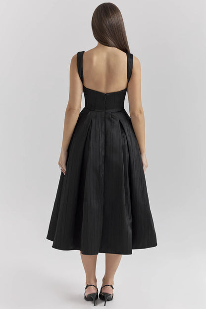 Isabeau Black Textured Satin Corset Midi Dress