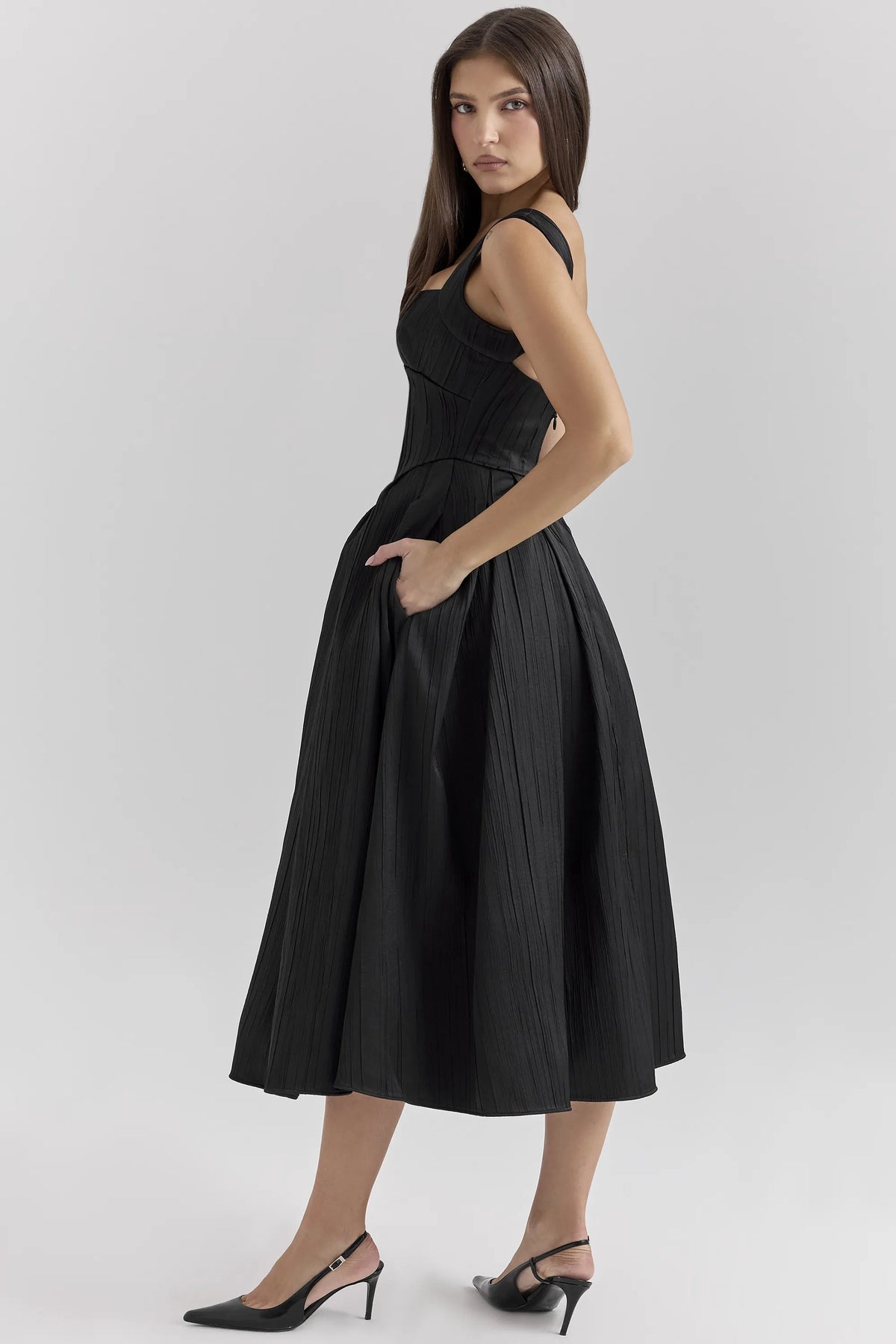 Isabeau Black Textured Satin Corset Midi Dress