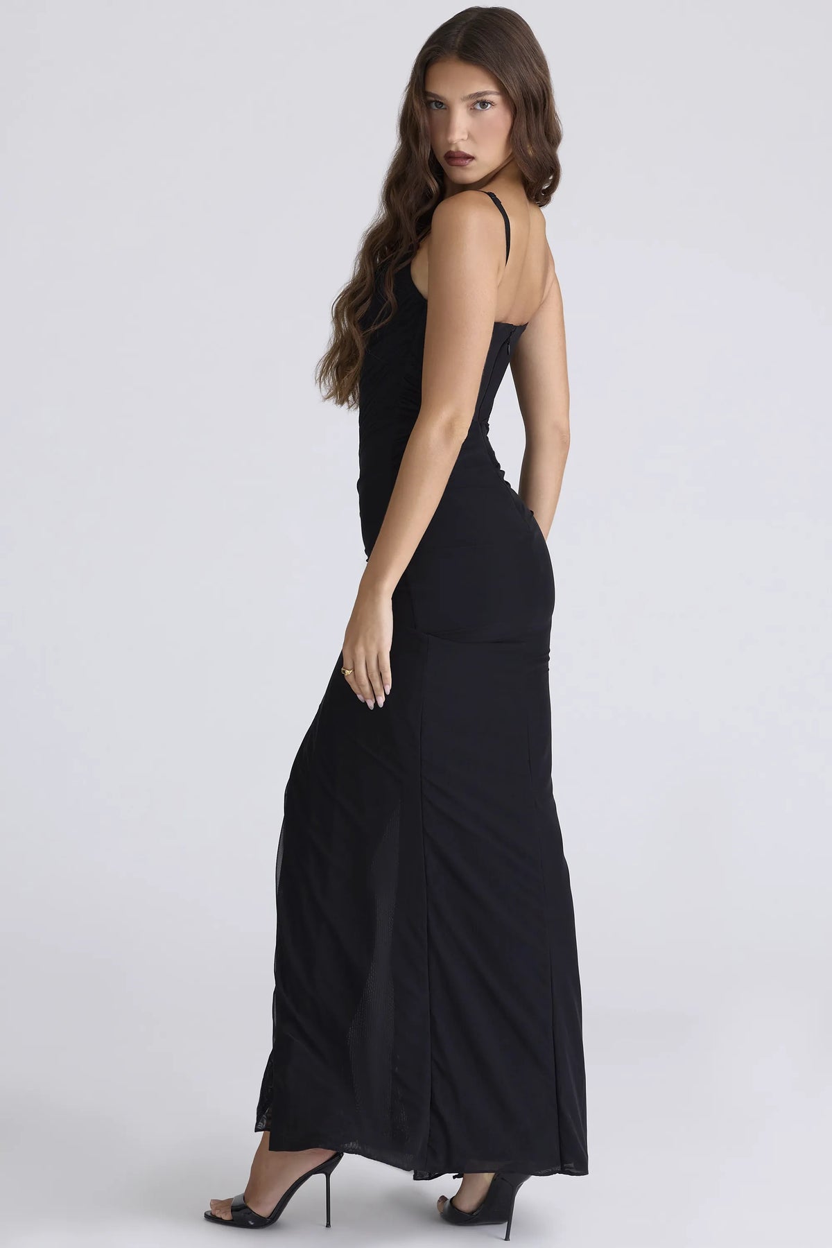 Issey Black Stretch Mesh Draped Maxi Dress