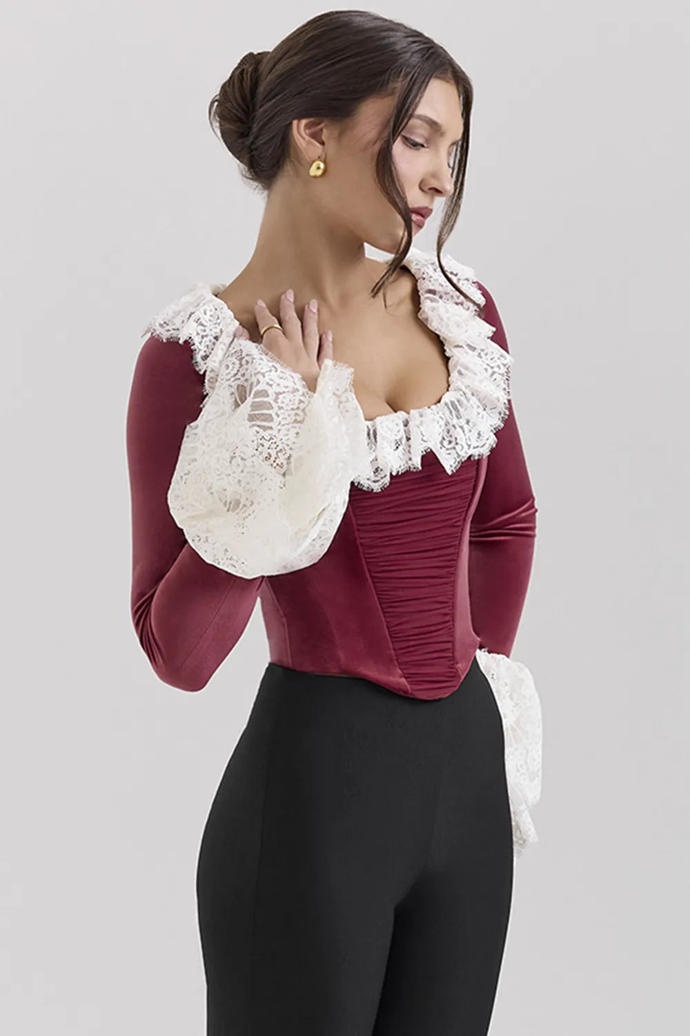 Jacinda Cabernet Velvet Lace Trimmed Corset Top