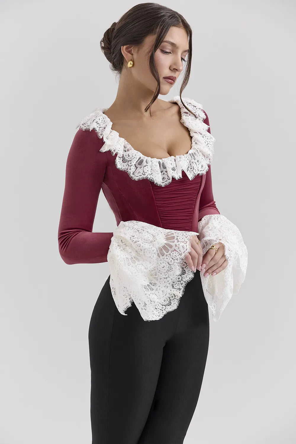 Jacinda Cabernet Velvet Lace Trimmed Corset Top