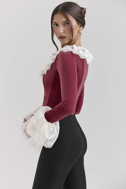 Jacinda Cabernet Velvet Lace Trimmed Corset Top