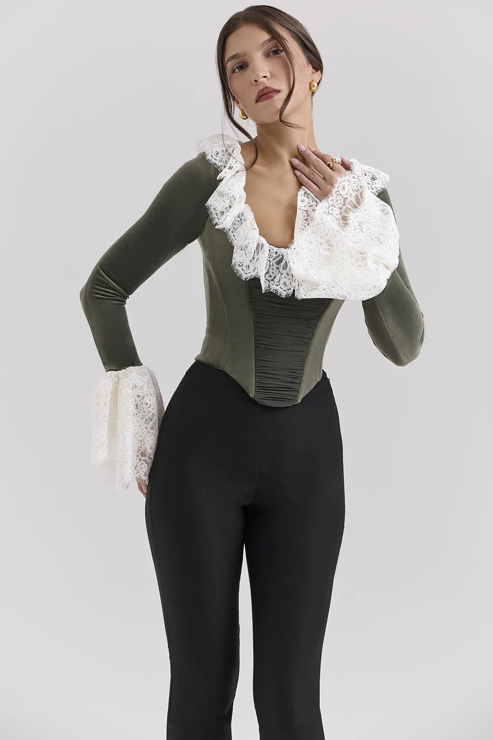 Jacinda Forest Green Velvet Lace Trimmed Corset Top