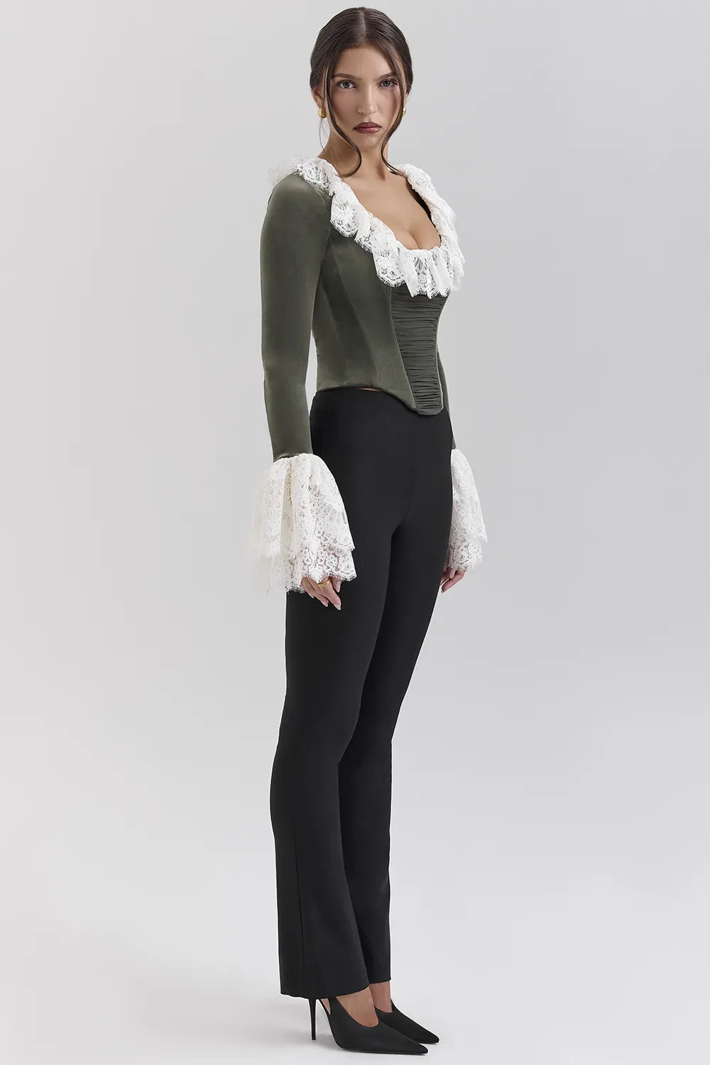 Jacinda Forest Green Velvet Lace Trimmed Corset Top