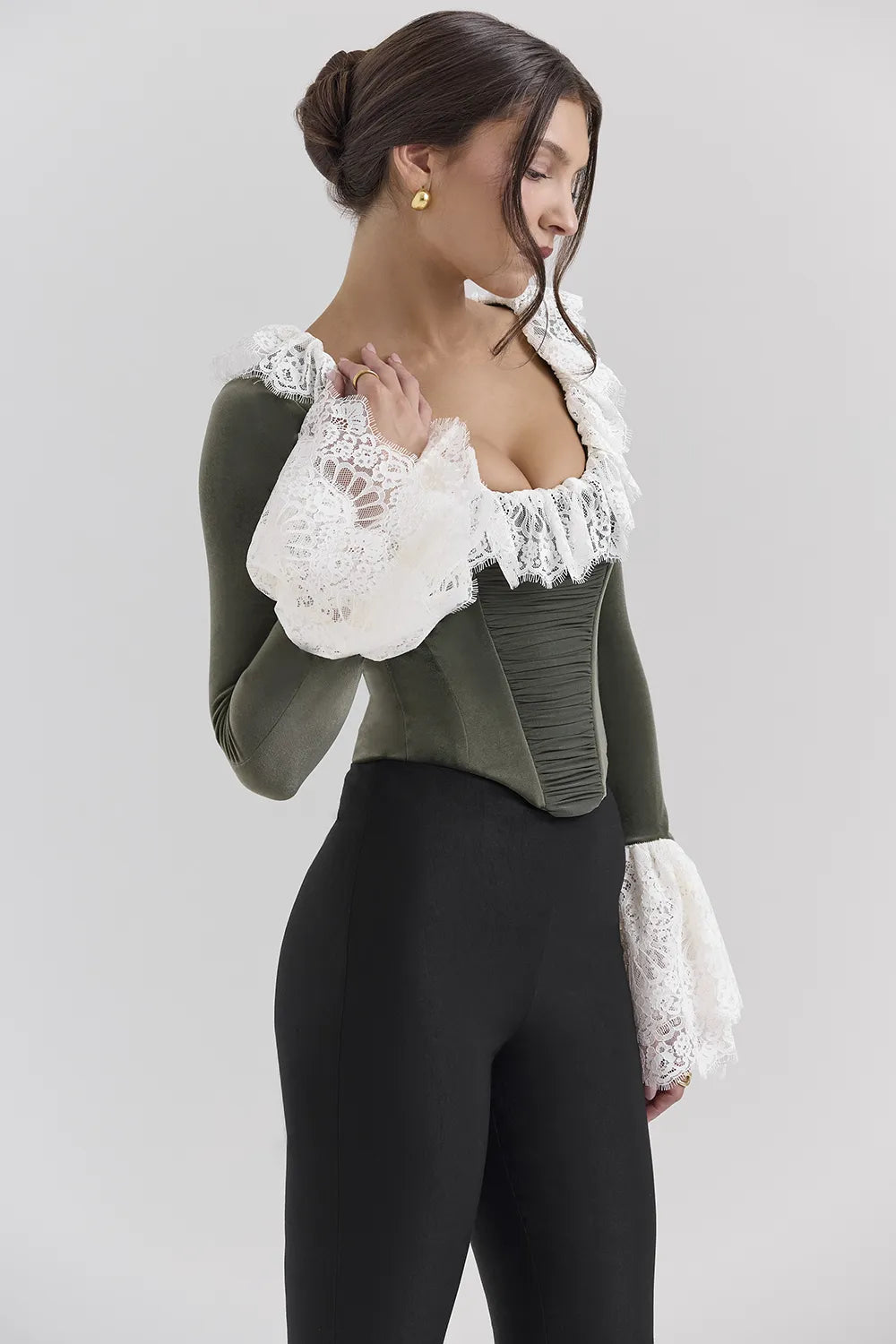 Jacinda Forest Green Velvet Lace Trimmed Corset Top