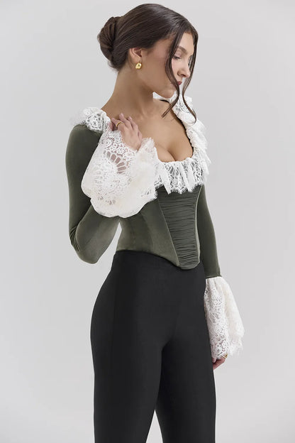 Jacinda Forest Green Velvet Lace Trimmed Corset Top