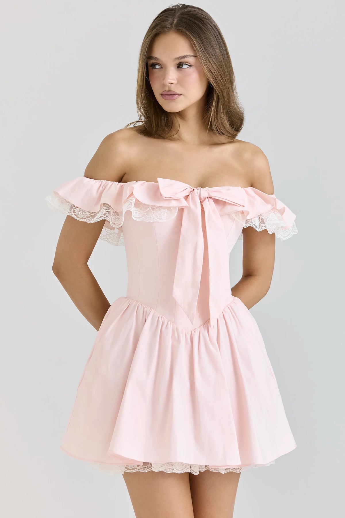 Jaide Pink Stretch Cotton Off Shoulder Corset Mini Dress