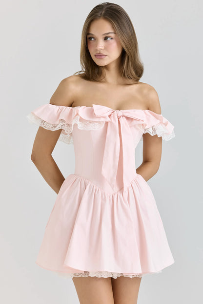 Jaide Pink Stretch Cotton Off Shoulder Corset Mini Dress