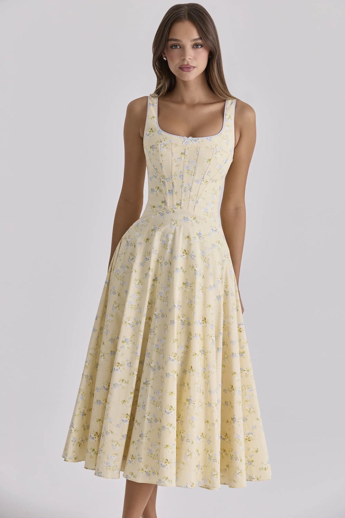 Jaime Lemon Floral Print Cotton Lace Up Midi Sundress