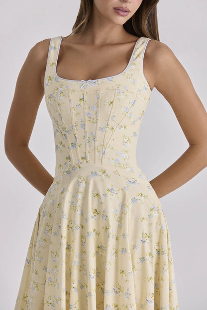 Jaime Lemon Floral Print Cotton Lace Up Midi Sundress