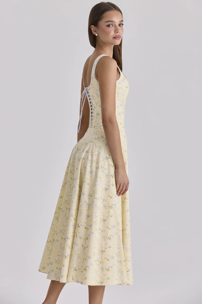 Jaime Lemon Floral Print Cotton Lace Up Midi Sundress